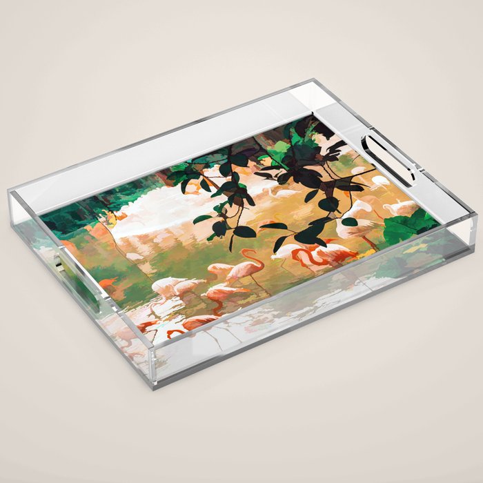 Flamingo Sighting, Jungle Nature Wildlife Birds Painting, Animals Forest Safari Illustration Acrylic Tray