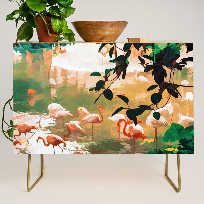 Flamingo Sighting, Jungle Nature Wildlife Birds Painting, Animals Forest Safari Illustration Credenza