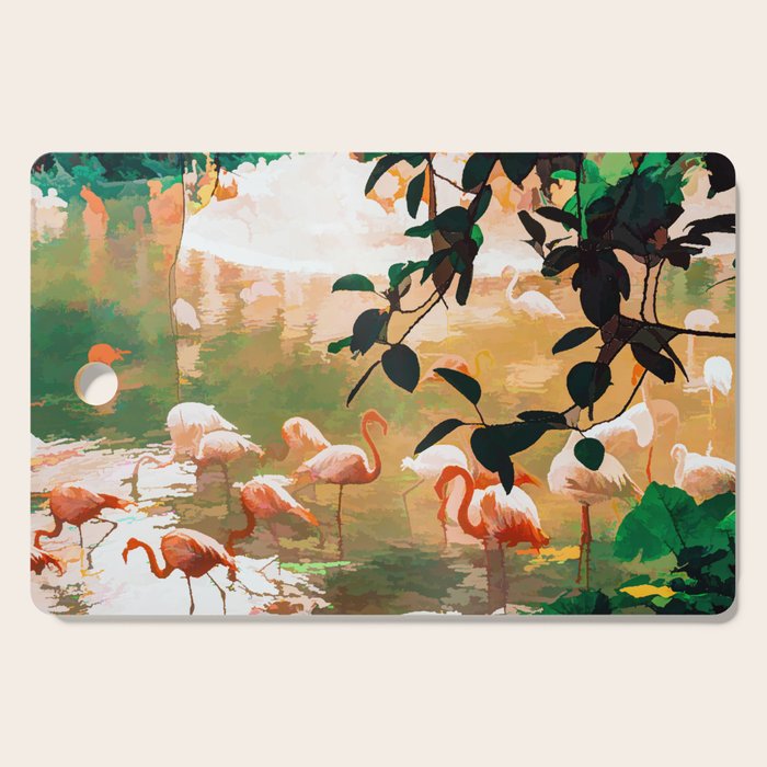 Flamingo Sighting, Jungle Nature Wildlife Birds Painting, Animals Forest Safari Illustration Cutting Board