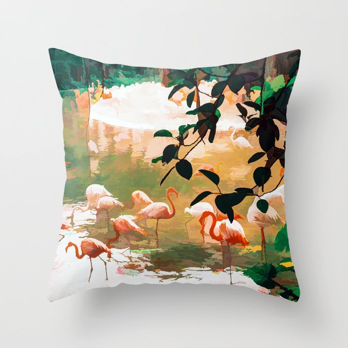 Flamingo Sighting, Jungle Nature Wildlife Birds Painting, Animals Forest Safari Illustration Throw Pillow