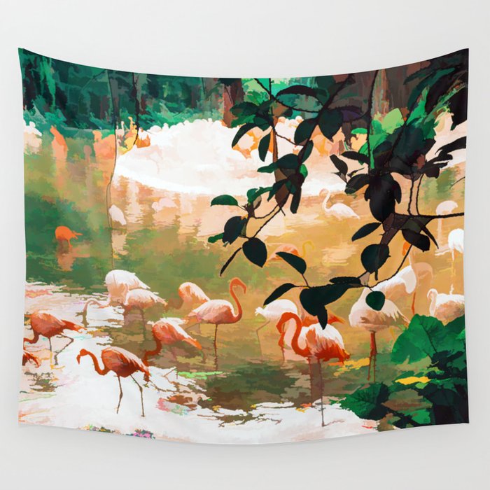 Flamingo Sighting, Jungle Nature Wildlife Birds Painting, Animals Forest Safari Illustration Wall Tapestry