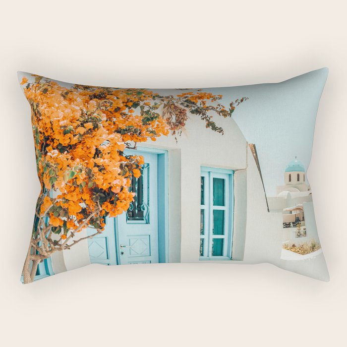 Greece Airbnb, Greece Photography Travel Digital Art, Scenic Landscape Architecture, White Building Rectangular Pillow