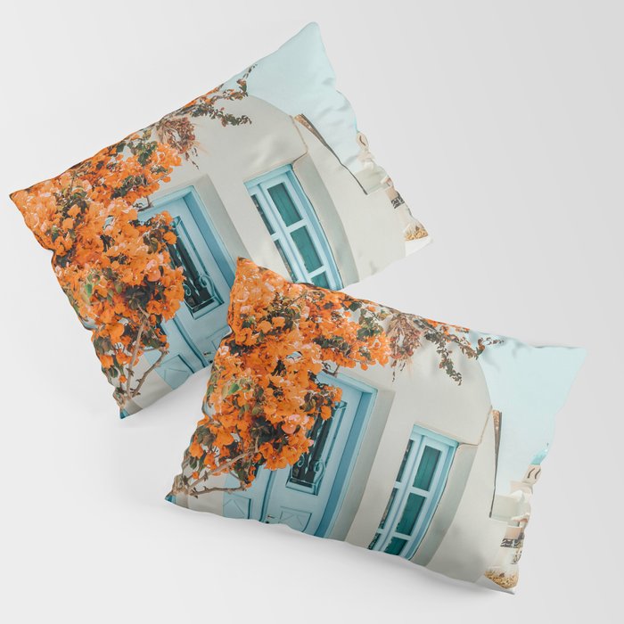 Greece Airbnb, Greece Photography Travel Digital Art, Scenic Landscape Architecture, White Building Pillow Sham