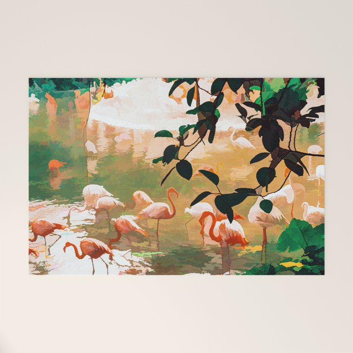 Flamingo Sighting, Jungle Nature Wildlife Birds Painting, Animals Forest Safari Illustration Welcome Mat