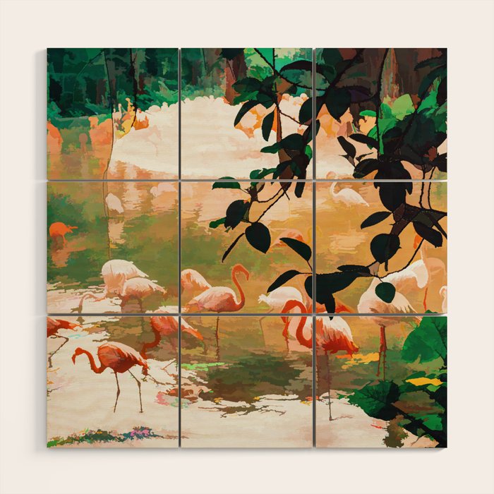 Flamingo Sighting, Jungle Nature Wildlife Birds Painting, Animals Forest Safari Illustration Wood Wall Art