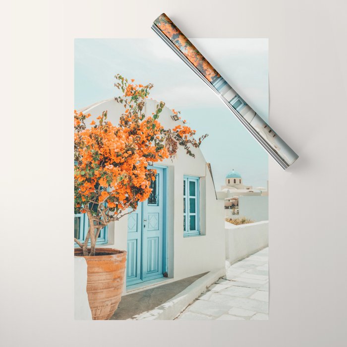 Greece Airbnb, Greece Photography Travel Digital Art, Scenic Landscape Architecture, White Building Wrapping Paper