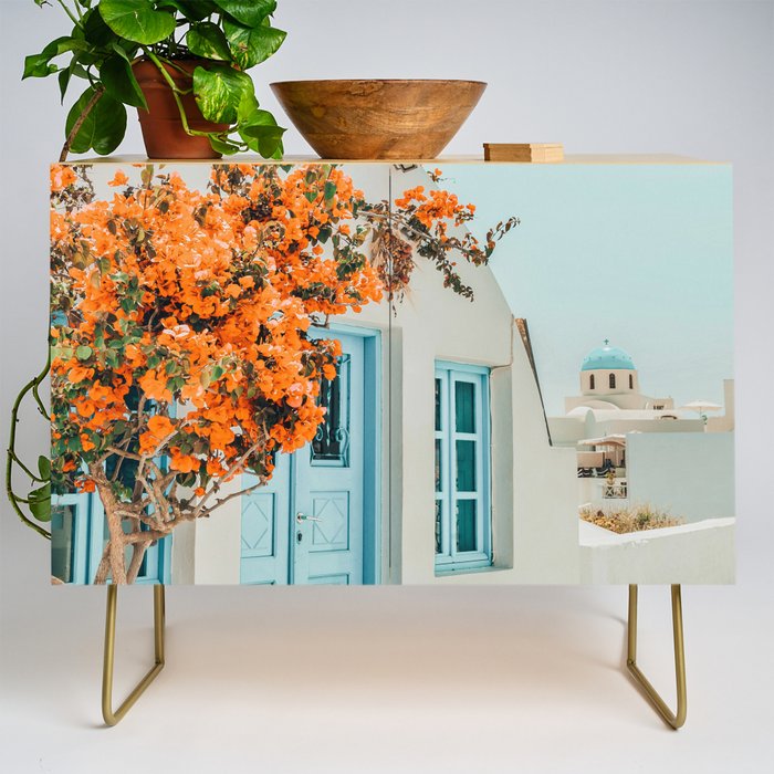 Greece Airbnb, Greece Photography Travel Digital Art, Scenic Landscape Architecture, White Building Credenza