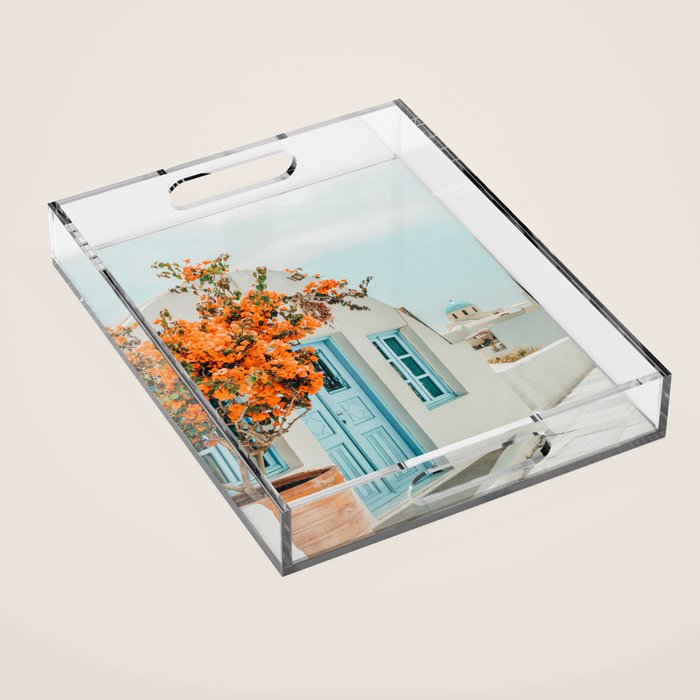 Greece Airbnb, Greece Photography Travel Digital Art, Scenic Landscape Architecture, White Building Acrylic Tray