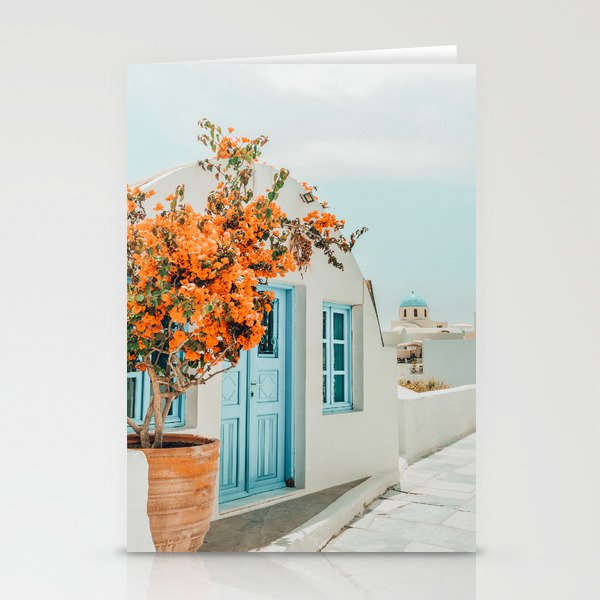 Greece Airbnb, Greece Photography Travel Digital Art, Scenic Landscape Architecture, White Building Stationery Card