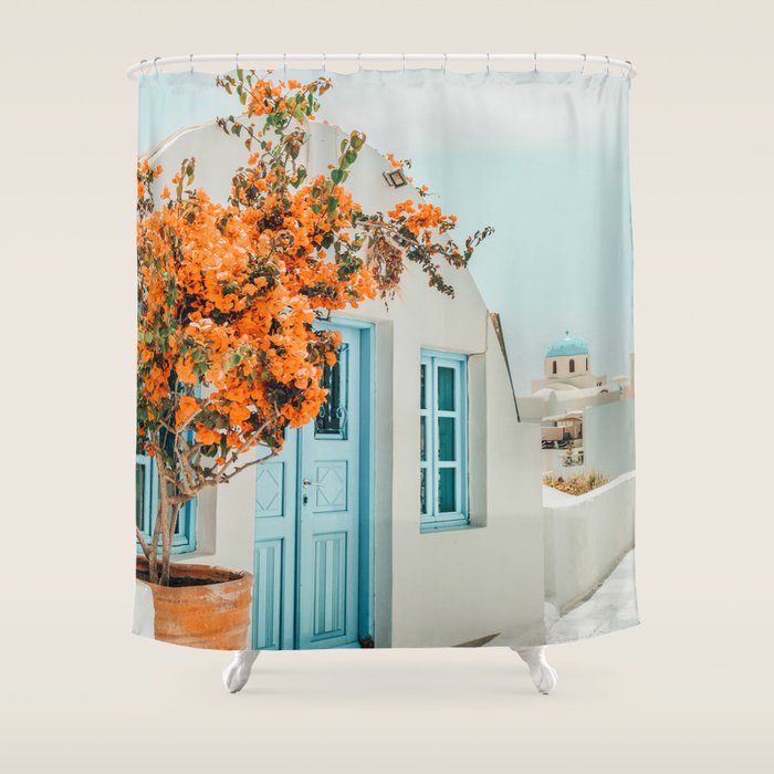 Greece Airbnb, Greece Photography Travel Digital Art, Scenic Landscape Architecture, White Building Shower Curtain