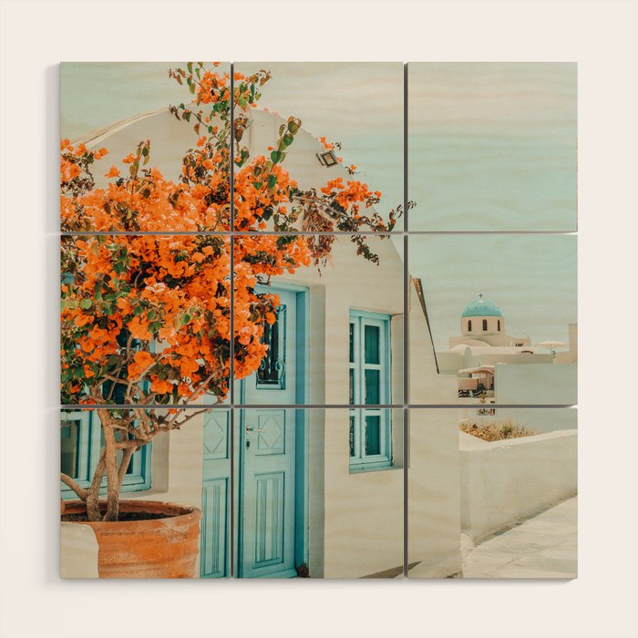 Greece Airbnb, Greece Photography Travel Digital Art, Scenic Landscape Architecture, White Building Wood Wall Art
