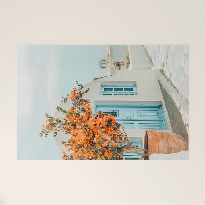Greece Airbnb, Greece Photography Travel Digital Art, Scenic Landscape Architecture, White Building Welcome Mat