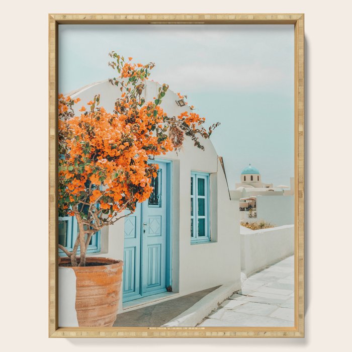 Greece Airbnb, Greece Photography Travel Digital Art, Scenic Landscape Architecture, White Building Serving Tray