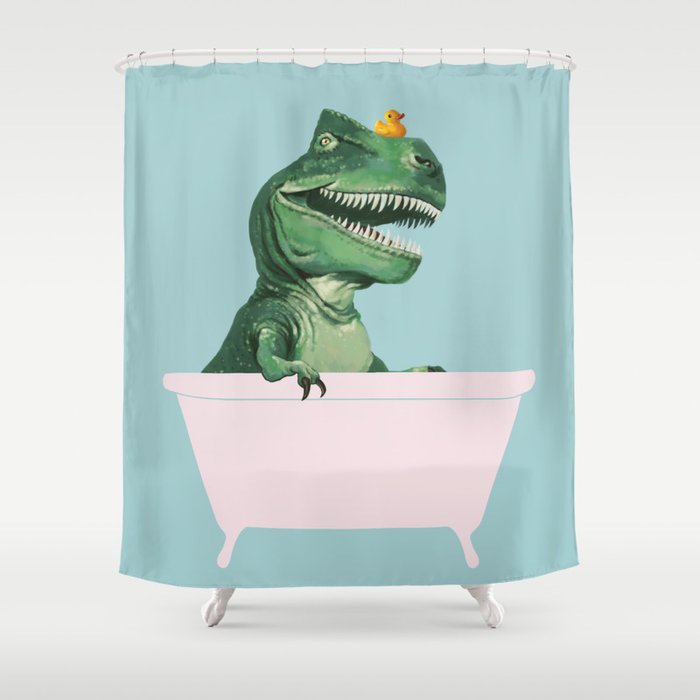 Playful T-Rex In Bathtub In Green Shower Curtain