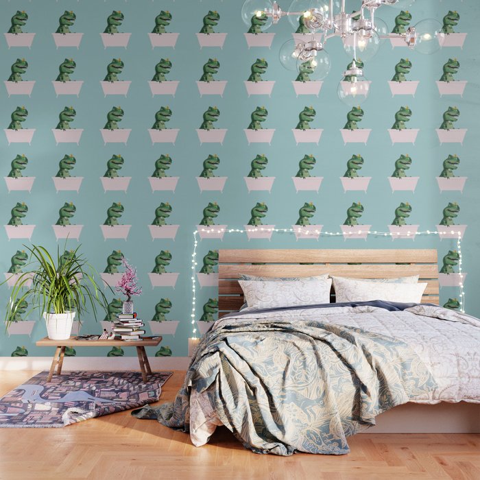 Playful T-Rex In Bathtub In Green Wallpaper