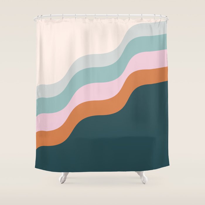 Abstract Diagonal Waves In Teal, Terracotta, And Pink Shower Curtain