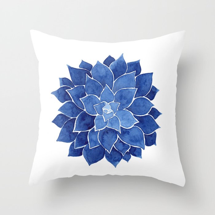 Indigo Succulent |  Watercolor Painting Throw Pillow