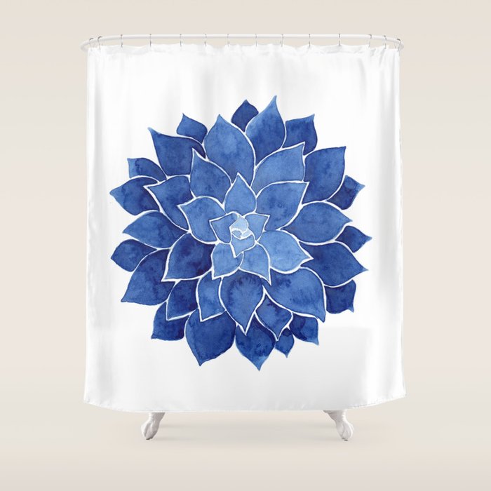 Indigo Succulent |  Watercolor Painting Shower Curtain