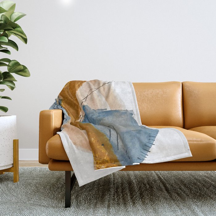 Gentle Breeze: A Minimal, Abstract Mixed-Media Piece In Blues And Tans By Alyssa Hamilton Art Throw Blanket