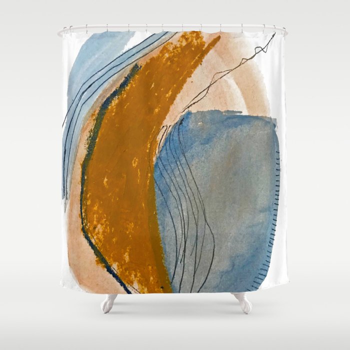 Gentle Breeze: A Minimal, Abstract Mixed-Media Piece In Blues And Tans By Alyssa Hamilton Art Shower Curtain