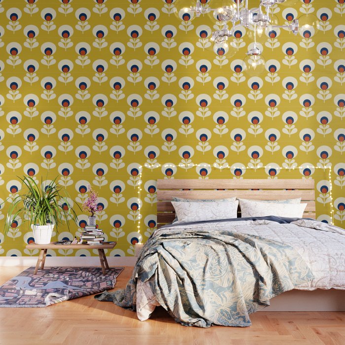 Flowers Geometry Mustard - Retro Pattern No3 Wallpaper