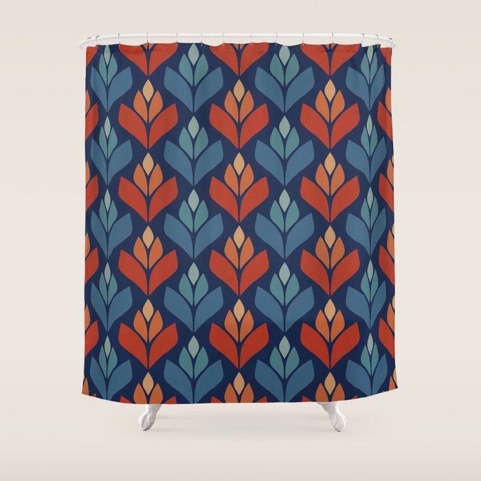 Blue & Red Retro Trefoil Pattern Shower Curtain