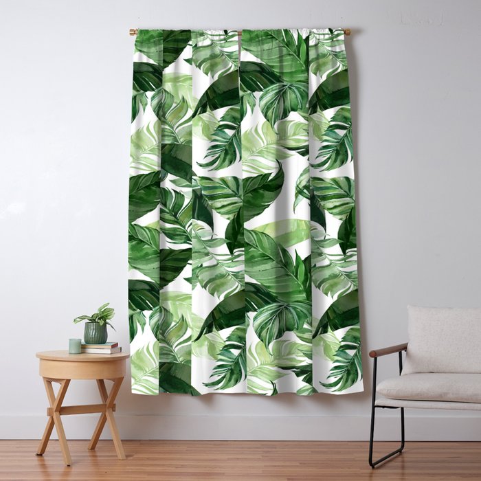 Green Leaf Watercolor Pattern Window Curtain