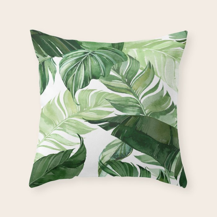 Green Leaf Watercolor Pattern Throw Pillow