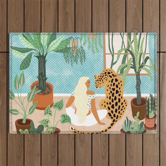 Urban Jungle Illustration, Tiger Home Decor, Woman & Modern Bohemian Wildlife Painting Outdoor Rug