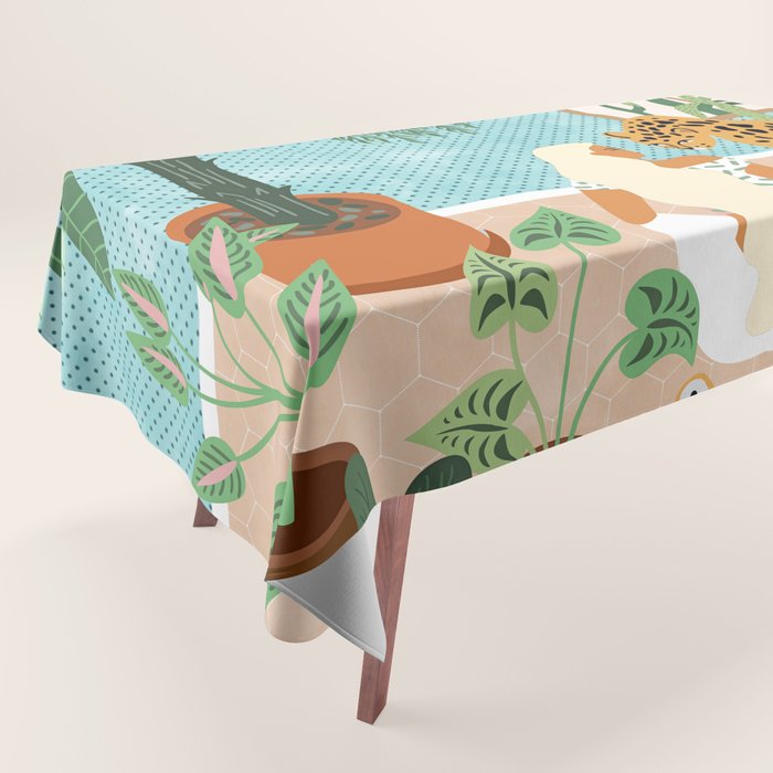 Urban Jungle Illustration, Tiger Home Decor, Woman & Modern Bohemian Wildlife Painting Tablecloth