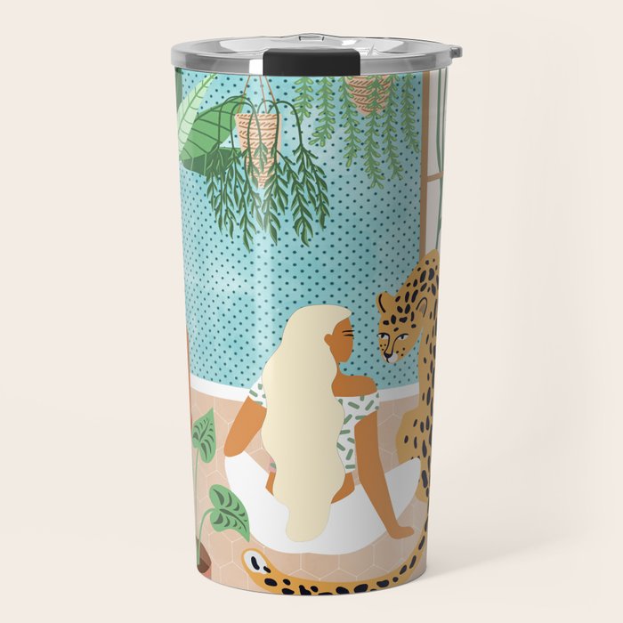 Urban Jungle Illustration, Tiger Home Decor, Woman & Modern Bohemian Wildlife Painting Travel Mug