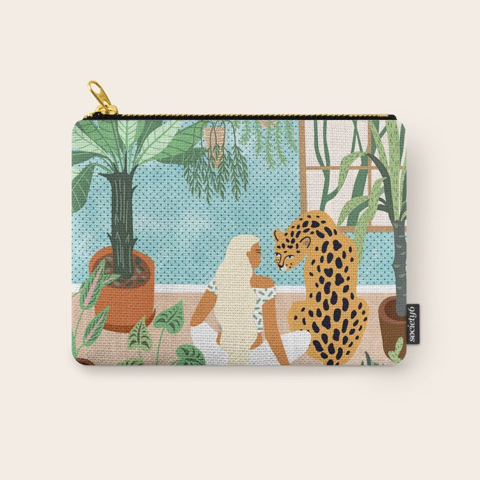 Urban Jungle Illustration, Tiger Home Decor, Woman & Modern Bohemian Wildlife Painting Carry All Pouch