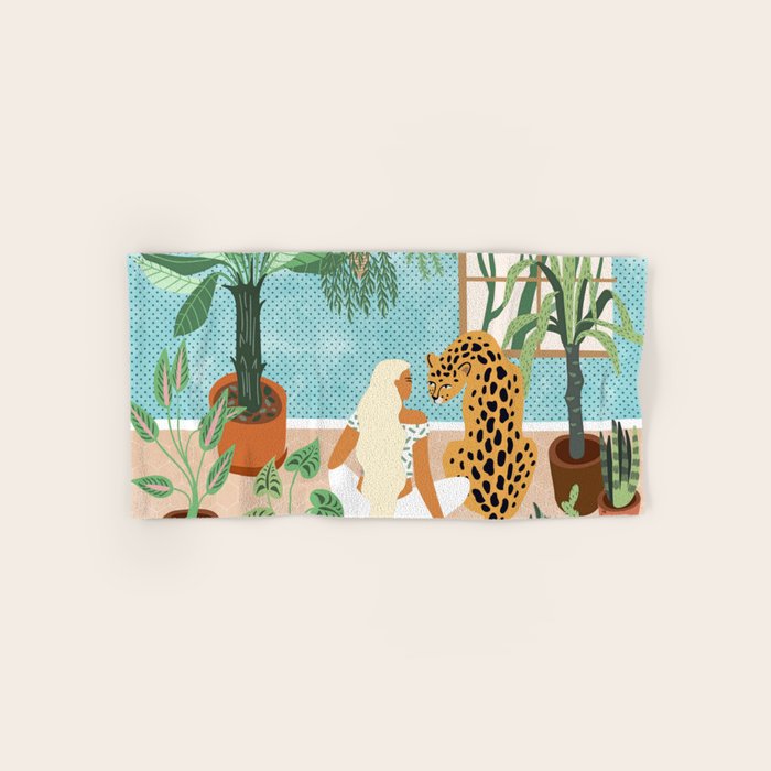 Urban Jungle Illustration, Tiger Home Decor, Woman & Modern Bohemian Wildlife Painting Bath Towel