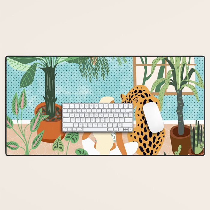 Urban Jungle Illustration, Tiger Home Decor, Woman & Modern Bohemian Wildlife Painting Desk Mat