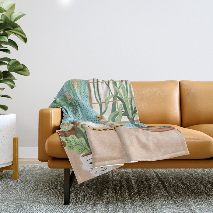 Urban Jungle Illustration, Tiger Home Decor, Woman & Modern Bohemian Wildlife Painting Throw Blanket