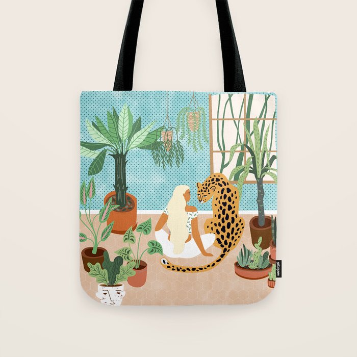 Urban Jungle Illustration, Tiger Home Decor, Woman & Modern Bohemian Wildlife Painting Tote Bag