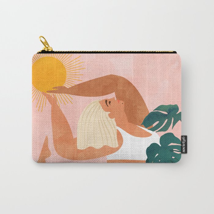 Tropical Yoga, Bohemian Woman Cat Pet Monstera Watercolor Painting, Blonde Quirky Illustration Carry All Pouch