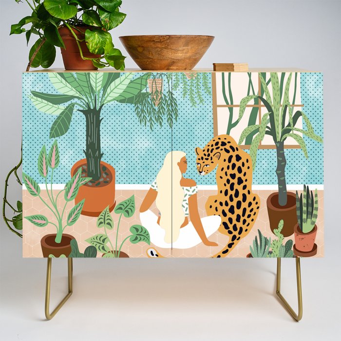 Urban Jungle Illustration, Tiger Home Decor, Woman & Modern Bohemian Wildlife Painting Credenza