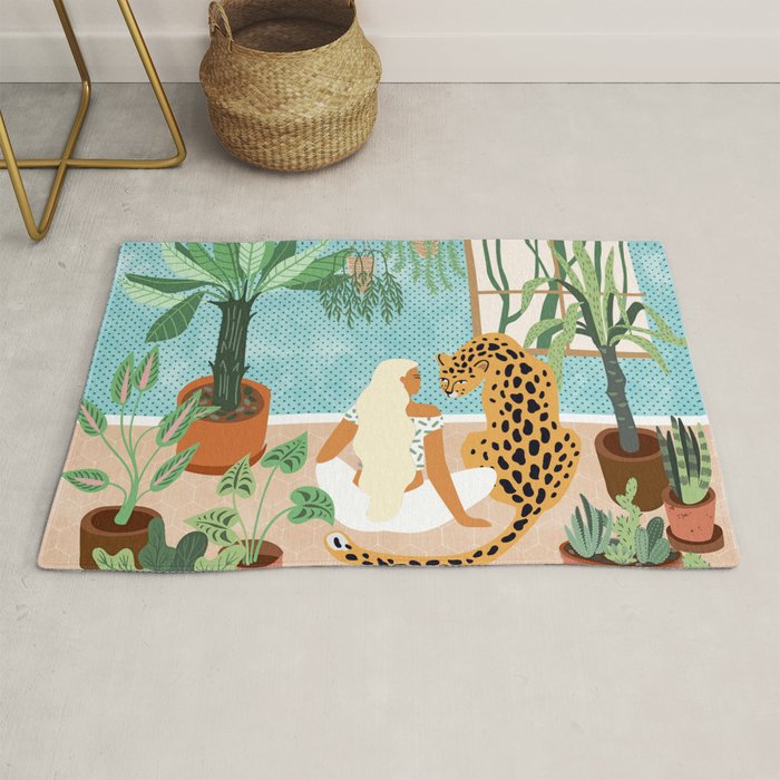 Urban Jungle Illustration, Tiger Home Decor, Woman & Modern Bohemian Wildlife Painting Rug
