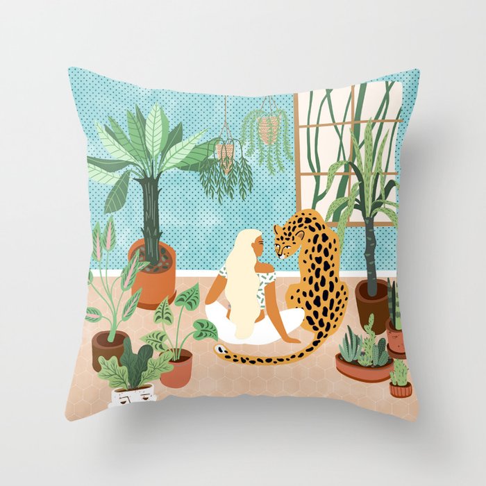 Urban Jungle Illustration, Tiger Home Decor, Woman & Modern Bohemian Wildlife Painting Throw Pillow