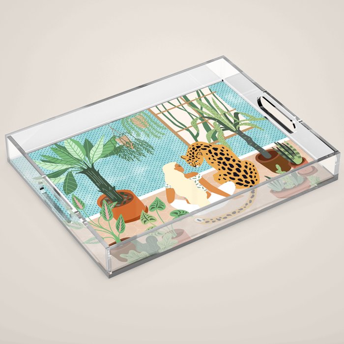 Urban Jungle Illustration, Tiger Home Decor, Woman & Modern Bohemian Wildlife Painting Acrylic Tray