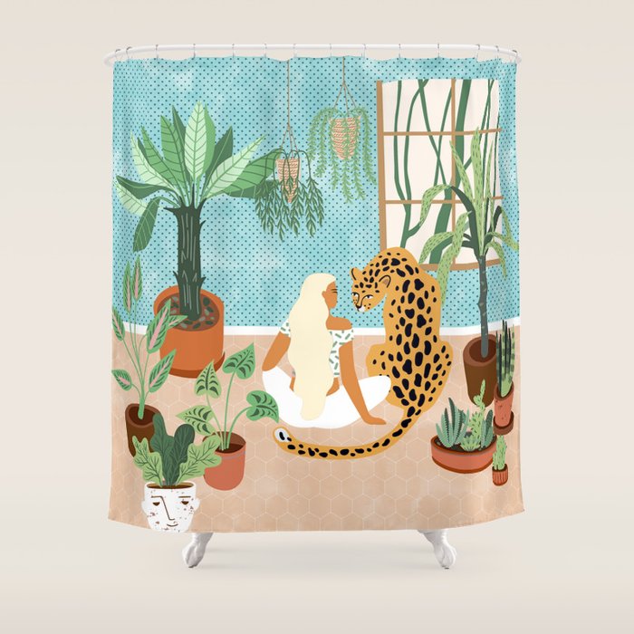 Urban Jungle Illustration, Tiger Home Decor, Woman & Modern Bohemian Wildlife Painting Shower Curtain