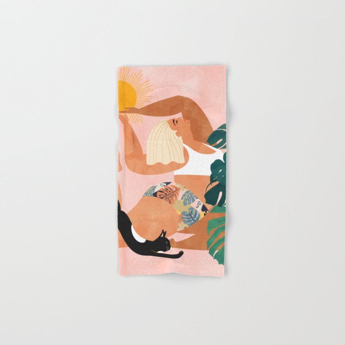 Tropical Yoga, Bohemian Woman Cat Pet Monstera Watercolor Painting, Blonde Quirky Illustration Bath Towel