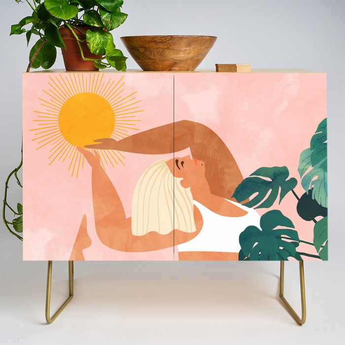 Tropical Yoga, Bohemian Woman Cat Pet Monstera Watercolor Painting, Blonde Quirky Illustration Credenza