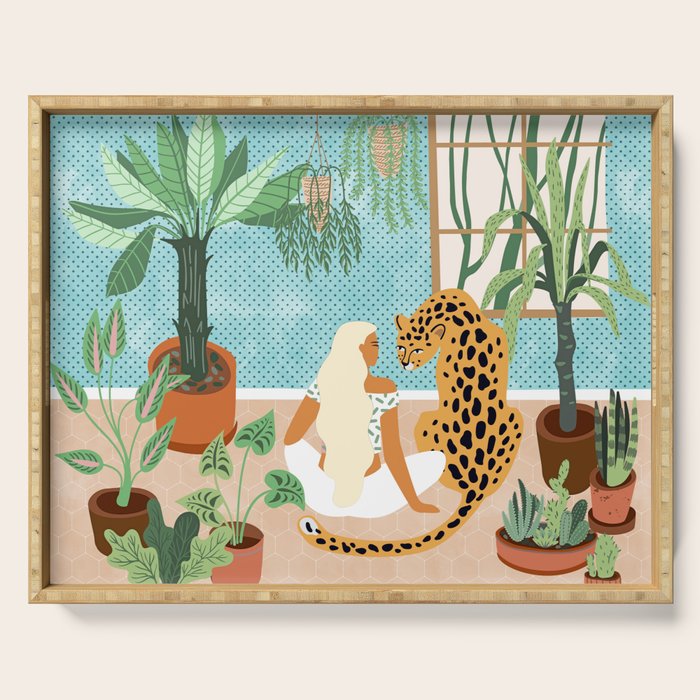 Urban Jungle Illustration, Tiger Home Decor, Woman & Modern Bohemian Wildlife Painting Serving Tray