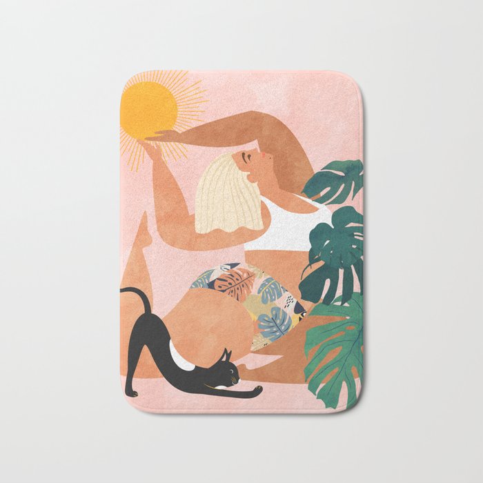 Tropical Yoga, Bohemian Woman Cat Pet Monstera Watercolor Painting, Blonde Quirky Illustration Bath Mat