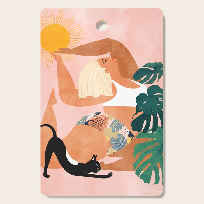 Tropical Yoga, Bohemian Woman Cat Pet Monstera Watercolor Painting, Blonde Quirky Illustration Cutting Board