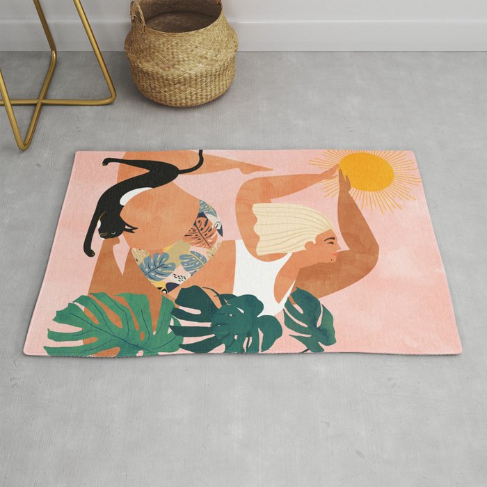 Tropical Yoga, Bohemian Woman Cat Pet Monstera Watercolor Painting, Blonde Quirky Illustration Rug