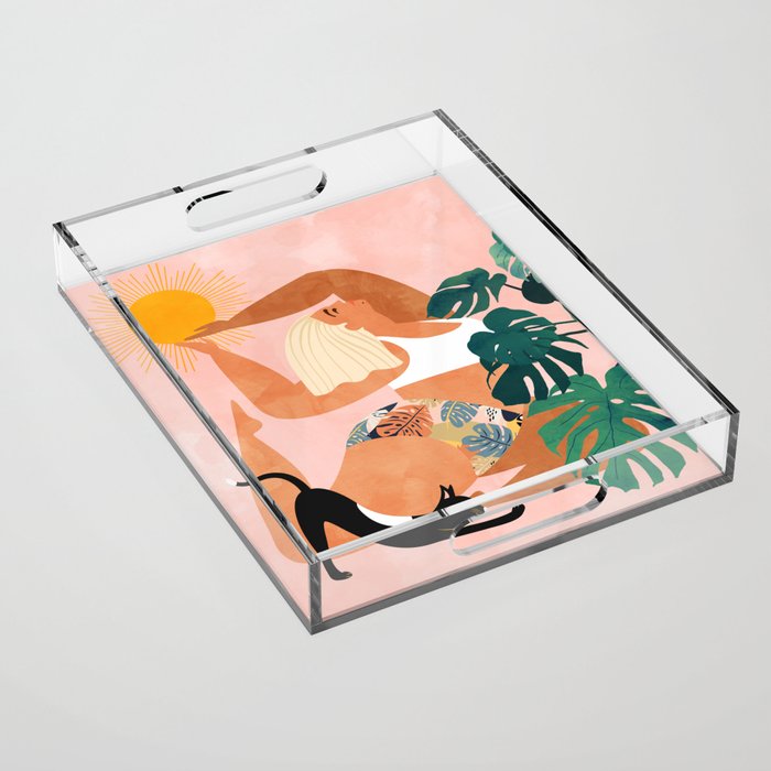 Tropical Yoga, Bohemian Woman Cat Pet Monstera Watercolor Painting, Blonde Quirky Illustration Acrylic Tray