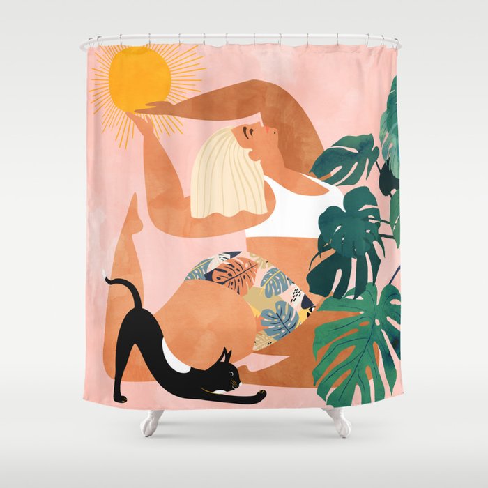 Tropical Yoga, Bohemian Woman Cat Pet Monstera Watercolor Painting, Blonde Quirky Illustration Shower Curtain